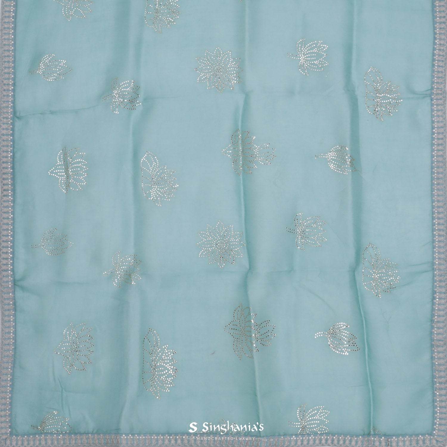 Tiffany Blue Organza Saree With Mukaish Work In Floral Pattern
