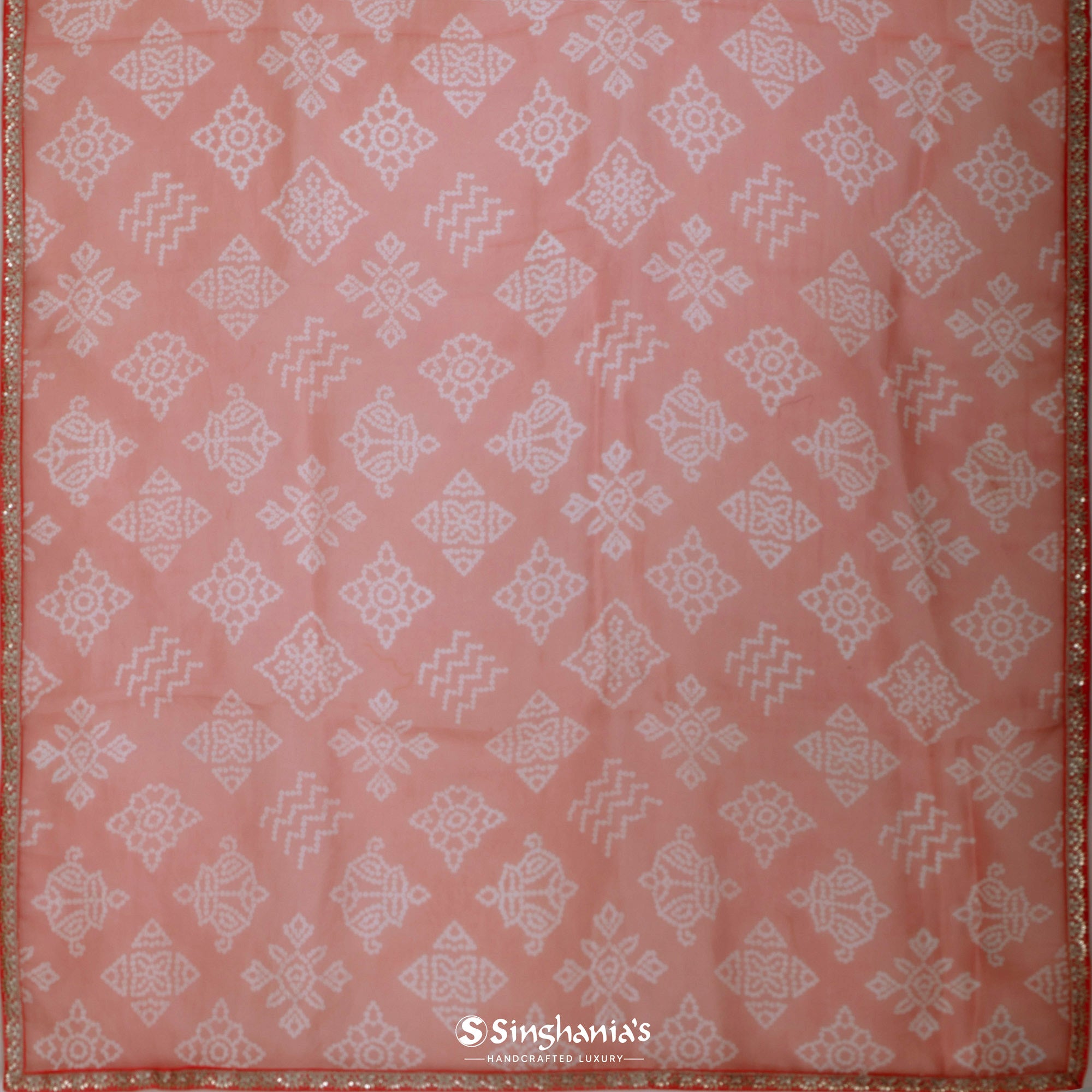 Pearl Peach Organza Saree With Bandhani Pattern