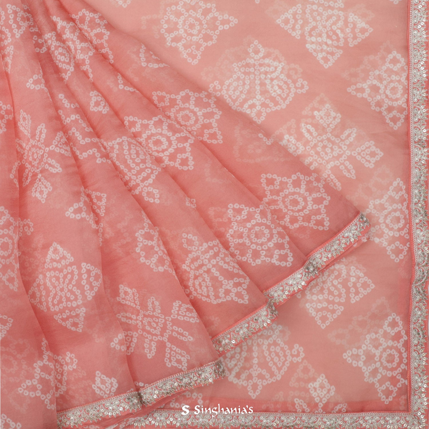 Pearl Peach Organza Saree With Bandhani Pattern