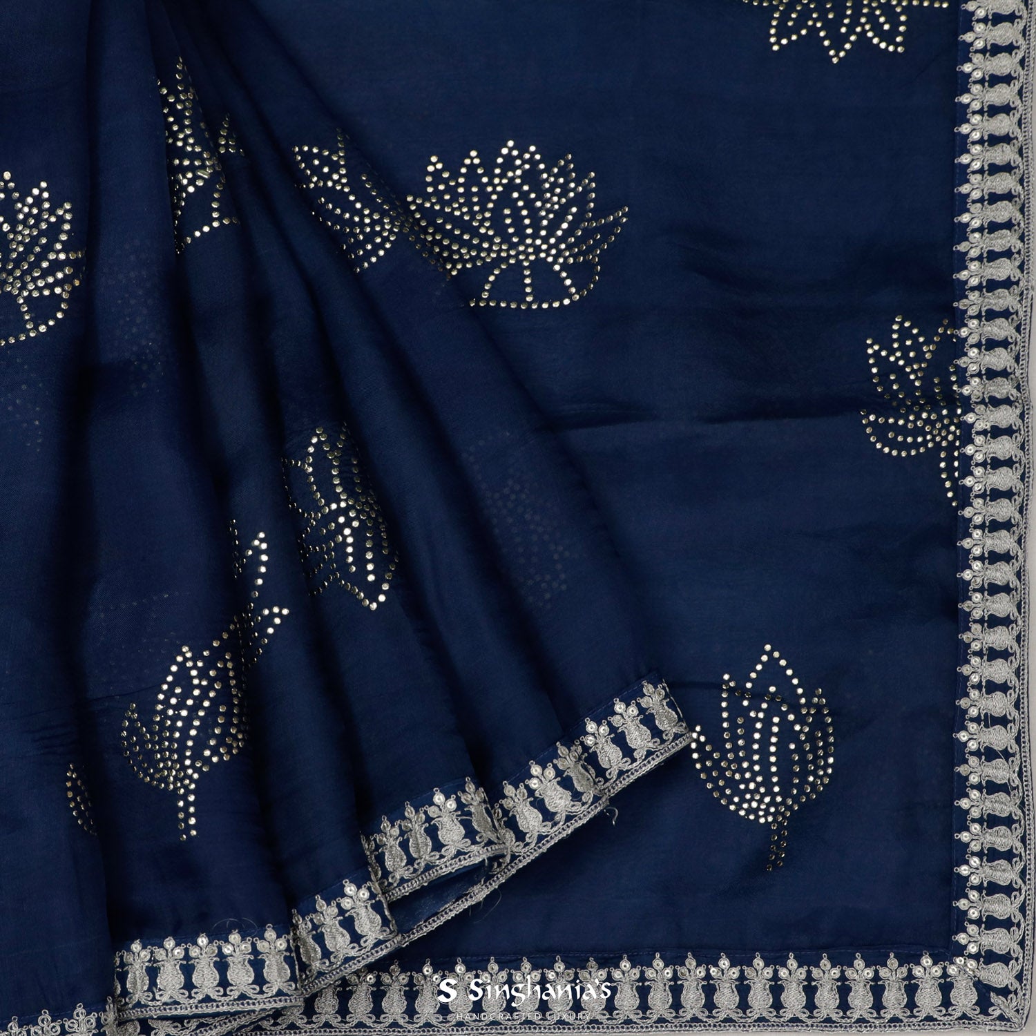 Dark Sapphire Blue Organza Saree With Foil Work