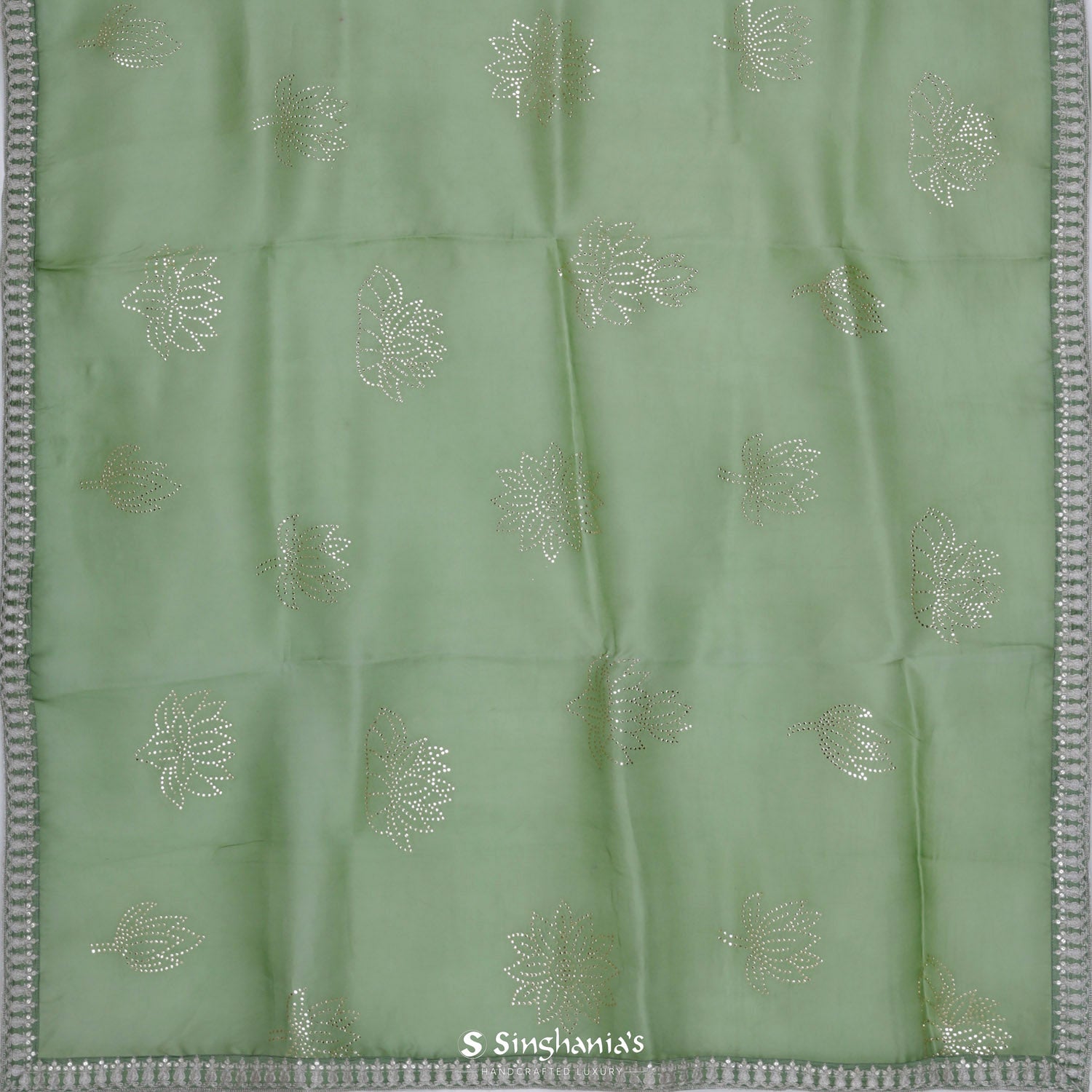 Celadon Green Organza Saree With Mukaish Work In Floral Pattern