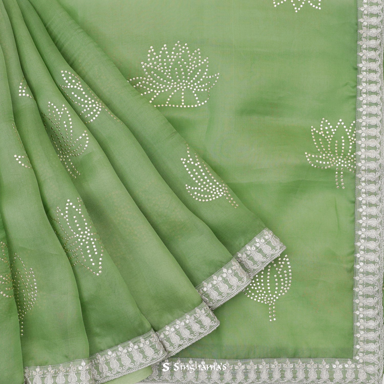 Celadon Green Organza Saree With Mukaish Work In Floral Pattern