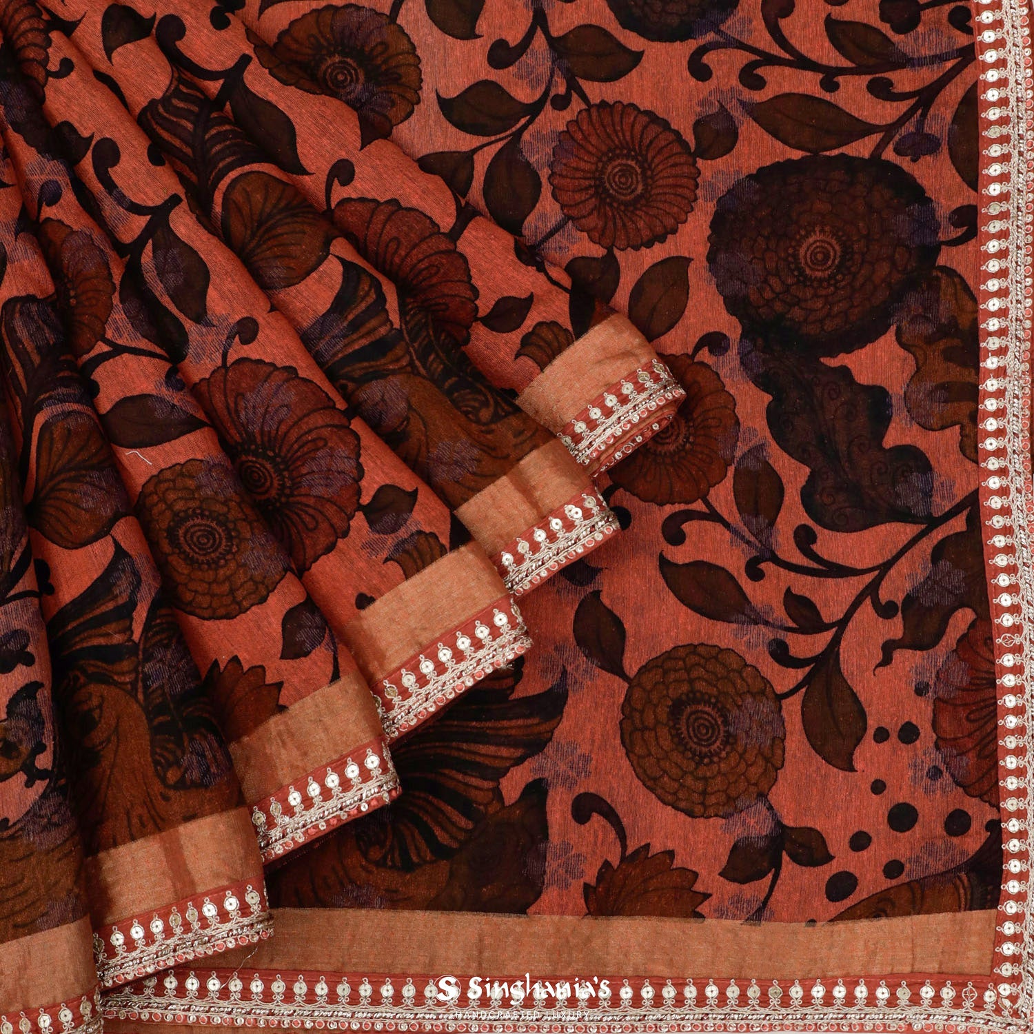 Bright Peach Echo Printed Matka Saree With Floral Pattern