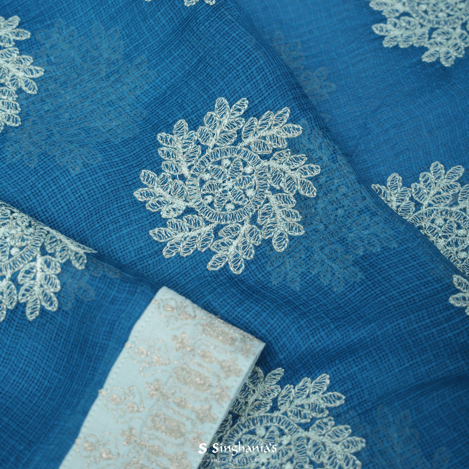 Steel Blue Printed Kota Silk Saree With Floral Buttas