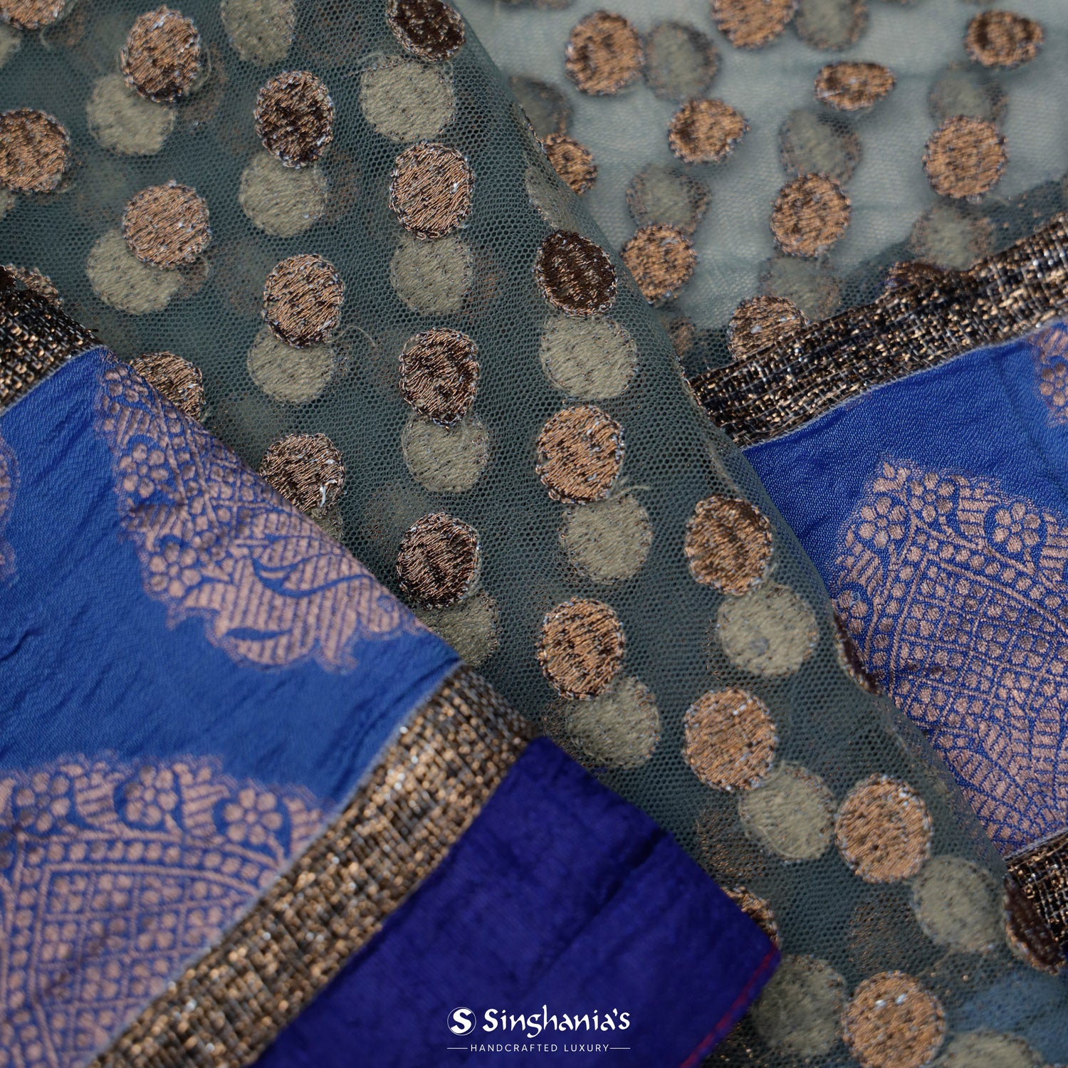 Glaucous Blue Net Saree With Butti Pattern