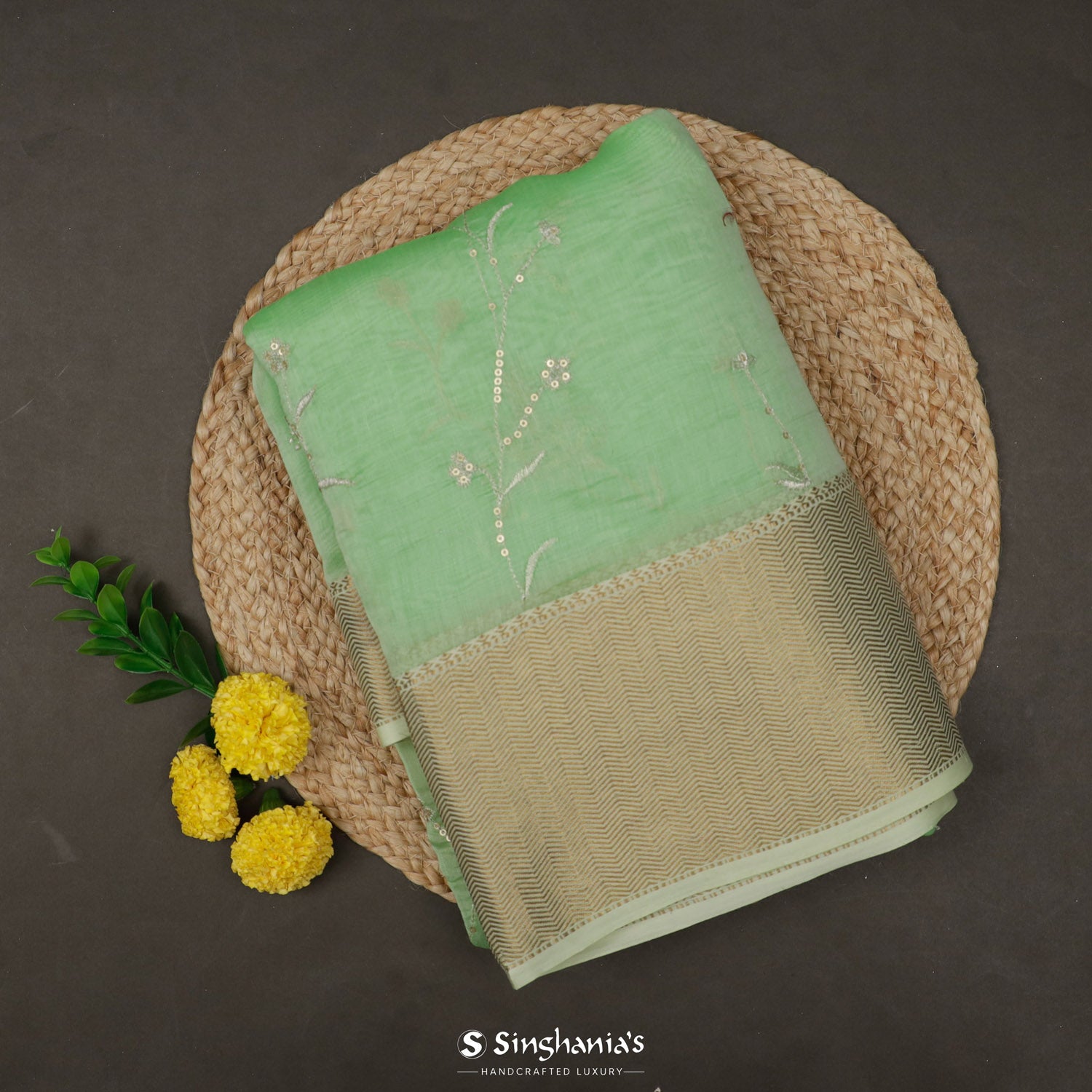 Nyanza Green Chanderi Saree With Floral Embroidery
