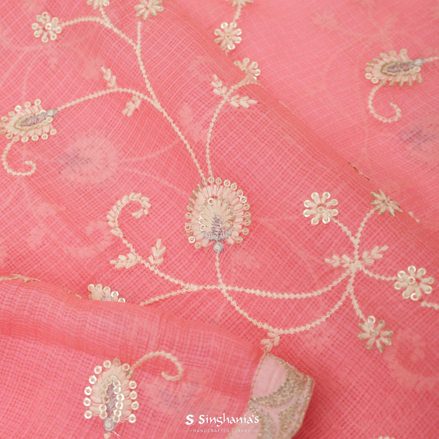 Tulip Pink Kota Silk Saree With Floral Thread Work