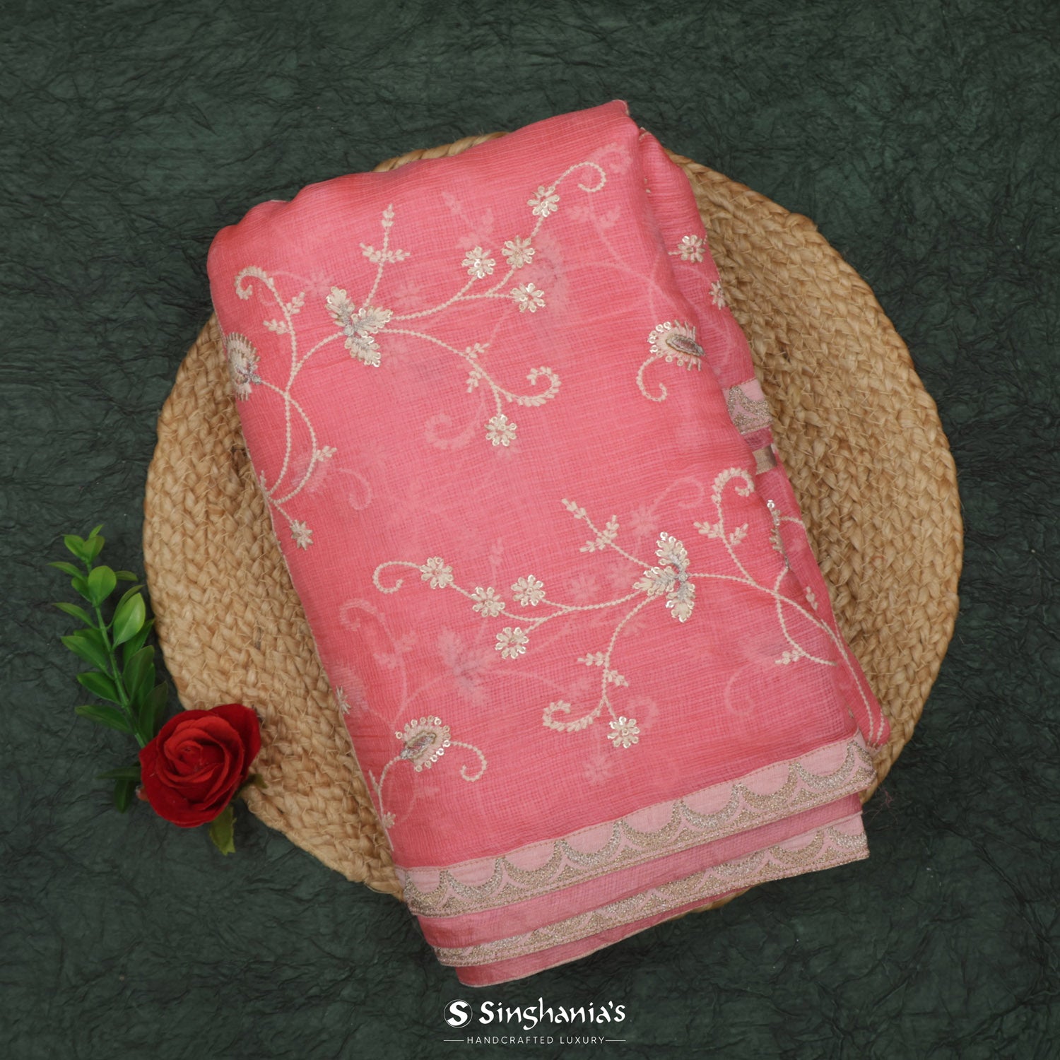 Tulip Pink Kota Silk Saree With Floral Thread Work