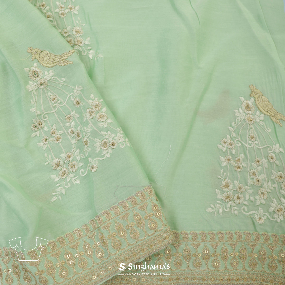 Paris Green Kota Silk Saree With Floral Motifs