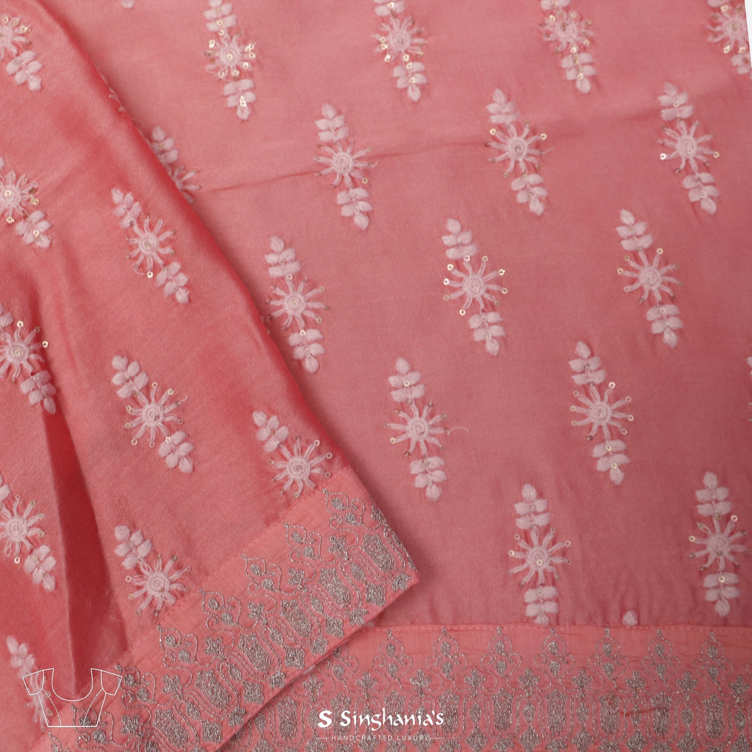 French Pink Kota Silk Saree With Floral Zari Buttis