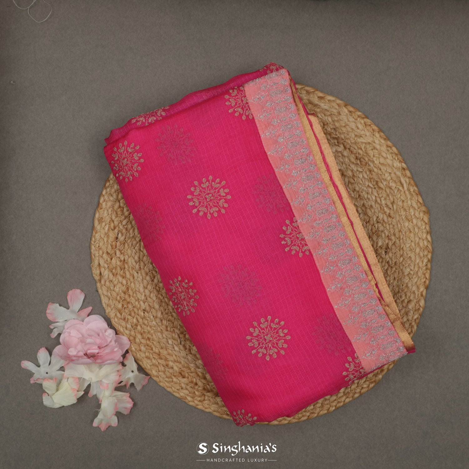 French Pink Kota Silk Saree With Floral Zari Buttis