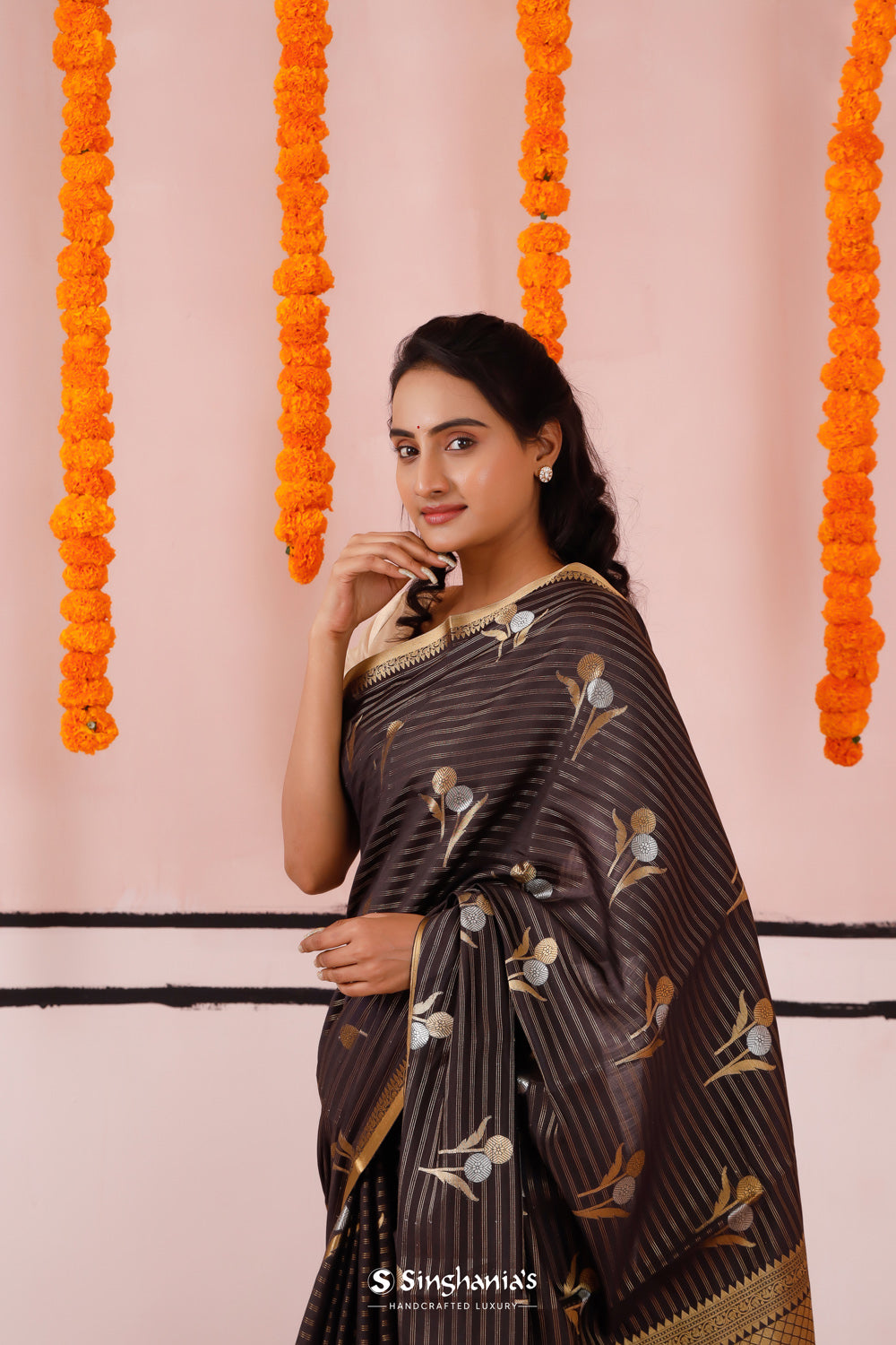 Black Blue Banarasi Silk Saree With Floral Butta Weaving