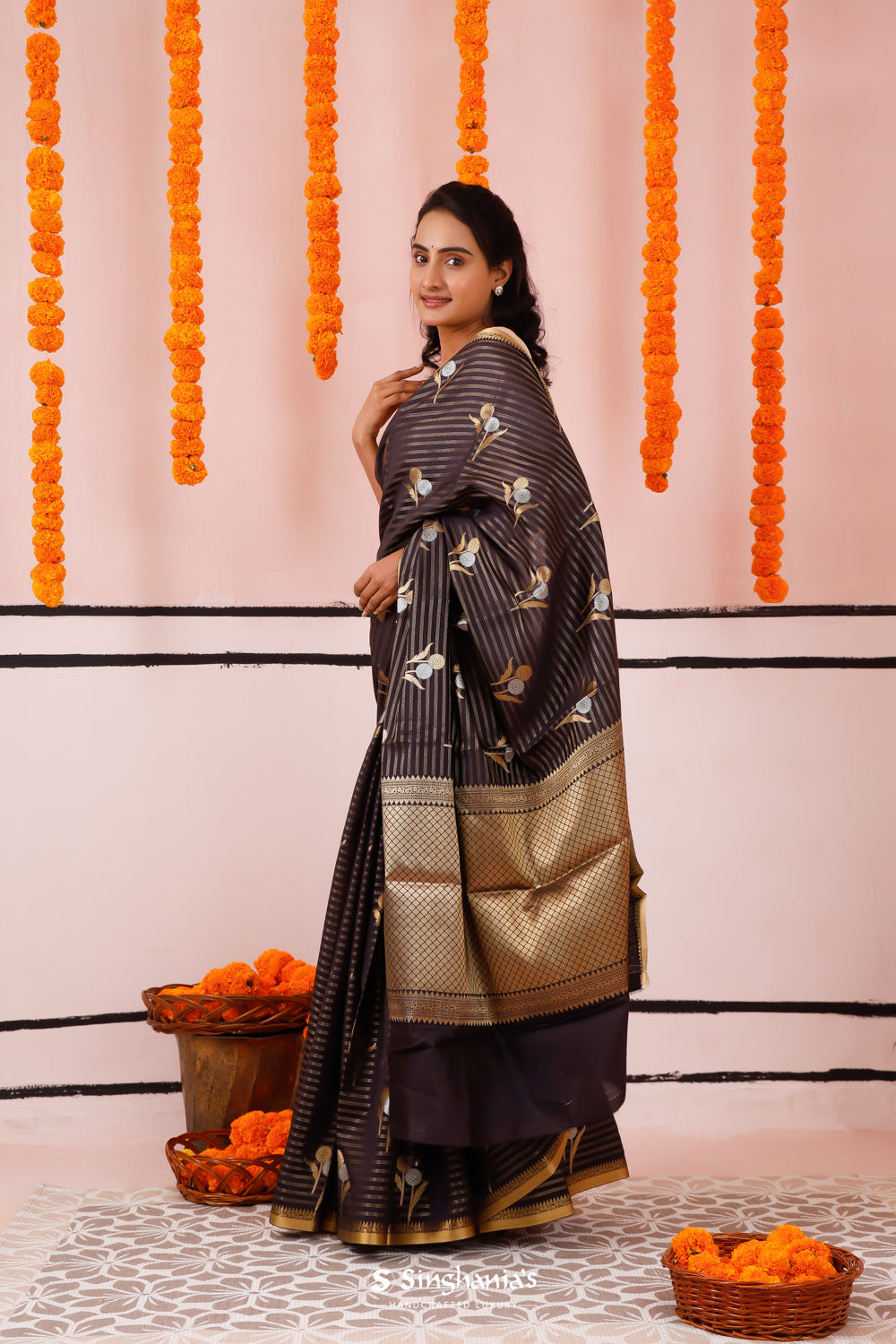 Black Blue Banarasi Silk Saree With Floral Butta Weaving