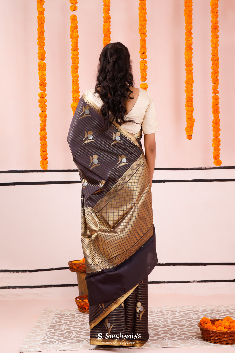 Black Blue Banarasi Silk Saree With Floral Butta Weaving