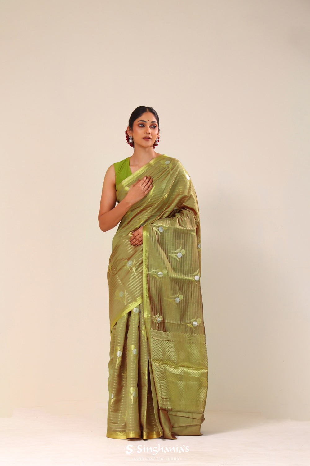 Olive Green Chiniya Banarasi Silk Saree