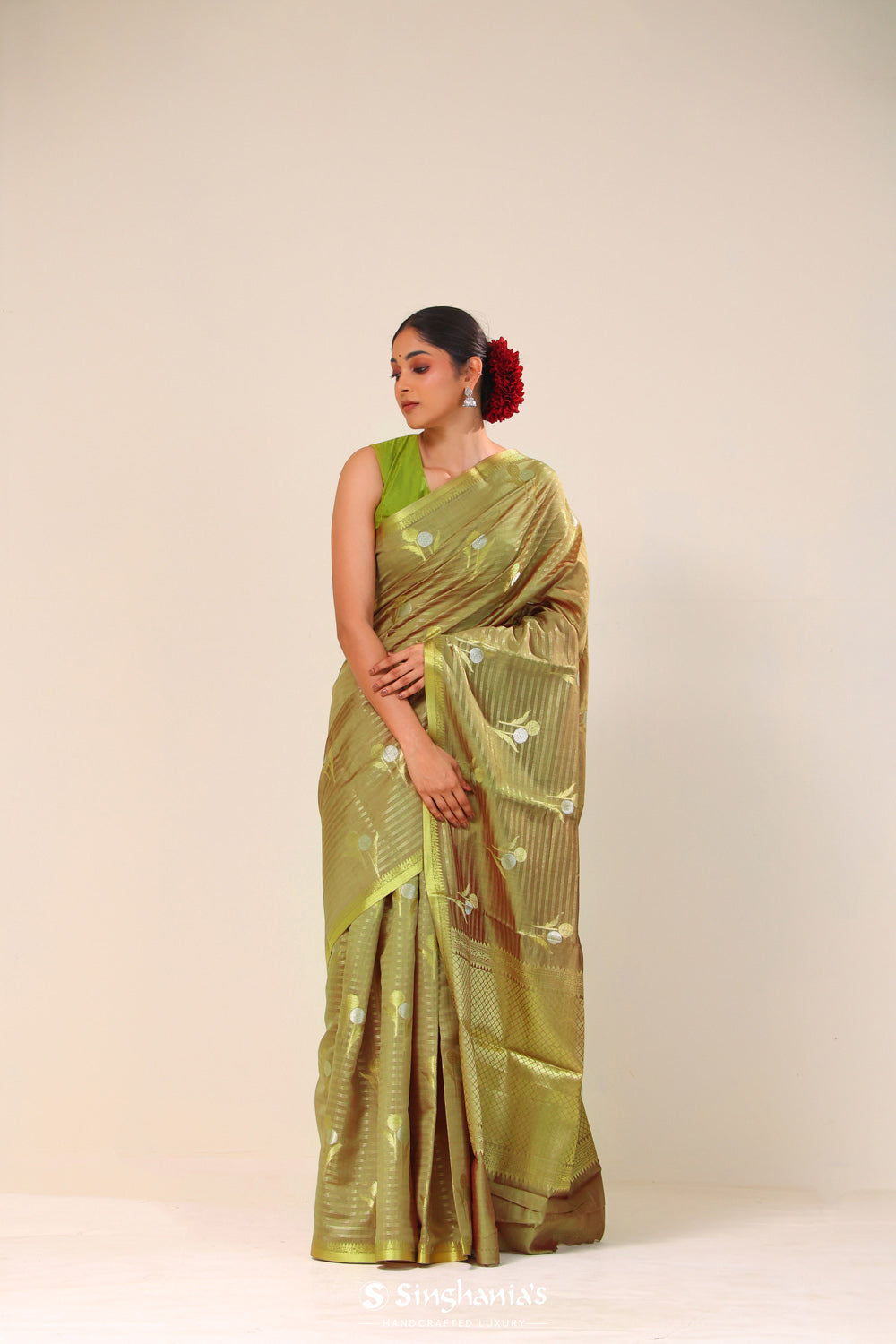 Olive Green Chiniya Banarasi Silk Saree