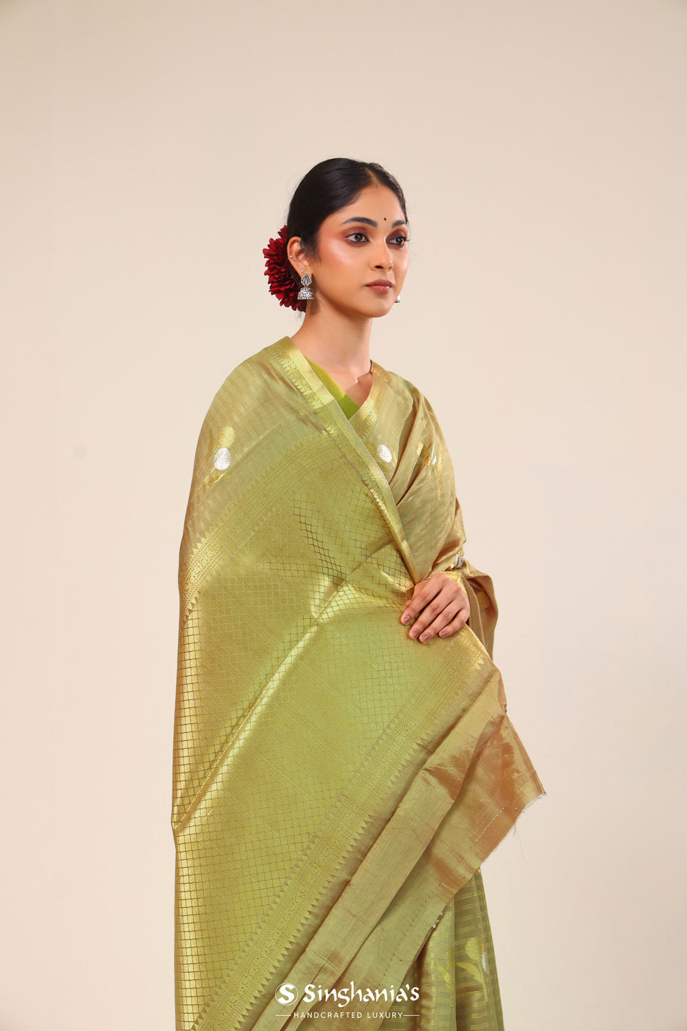 Olive Green Chiniya Banarasi Silk Saree