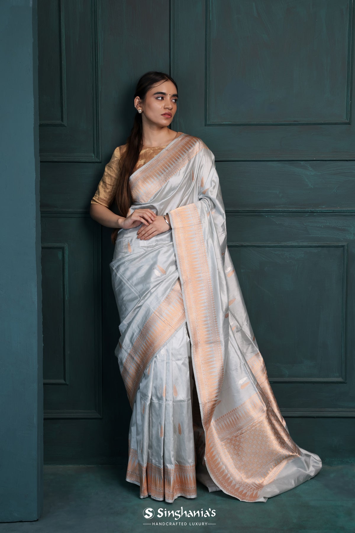 Misty Grey Banarasi Silk Saree With Floral Buttas-Stripes Design
