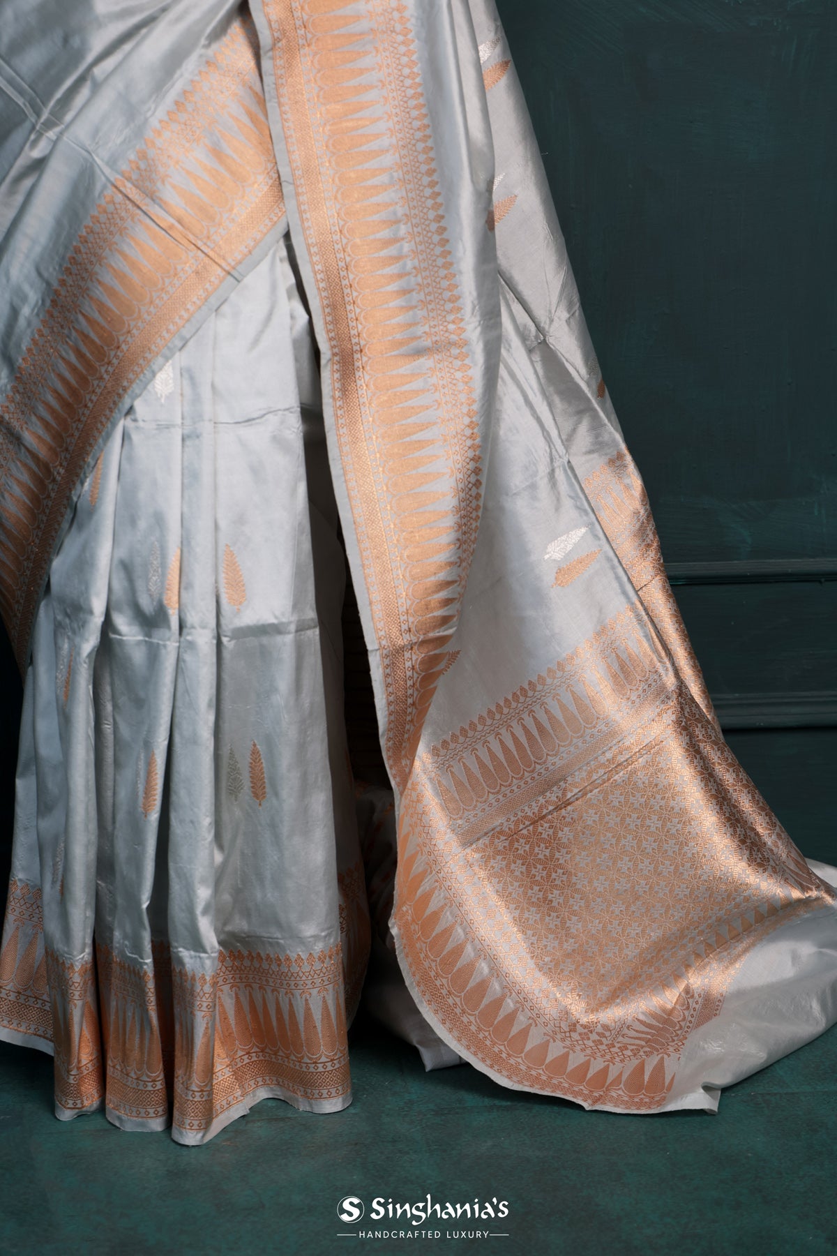 Misty Grey Banarasi Silk Saree With Floral Buttas-Stripes Design