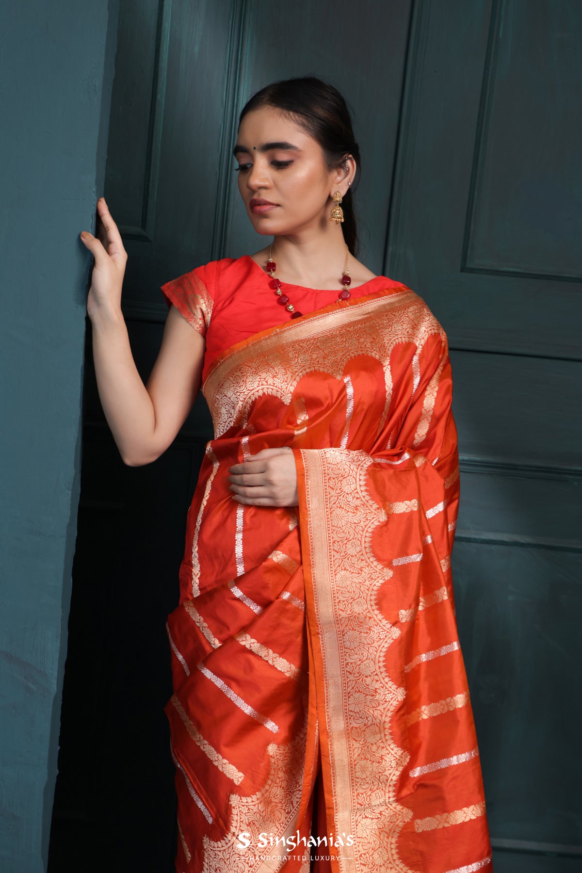 Flame Orange Banarasi Silk Saree With Stripes Design