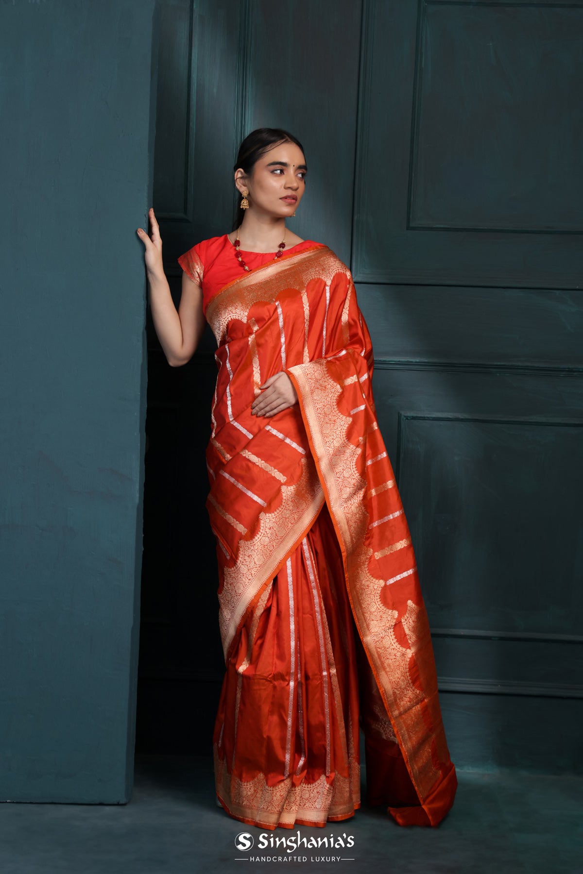 Flame Orange Banarasi Silk Saree With Stripes Design