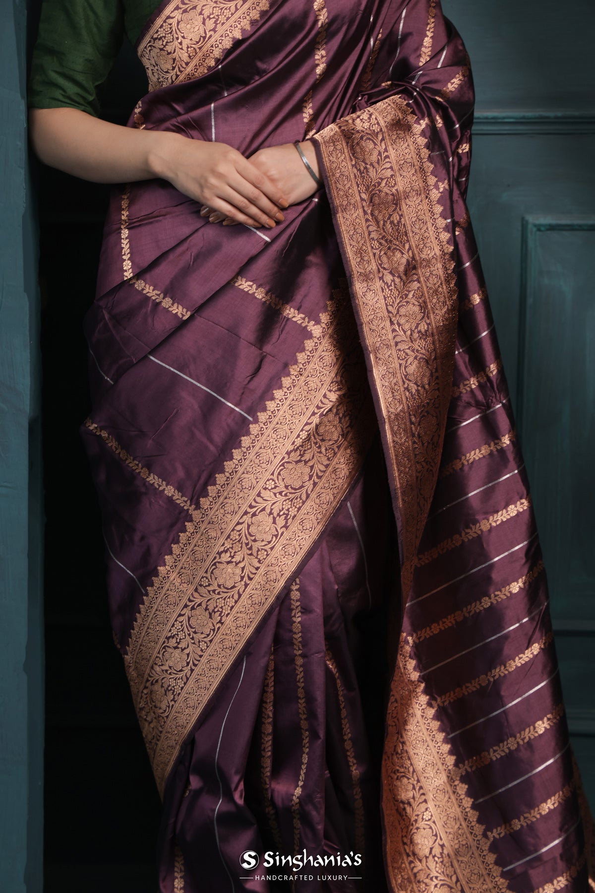 Purple Violet Banarasi Silk Saree With Floral Buttas Design