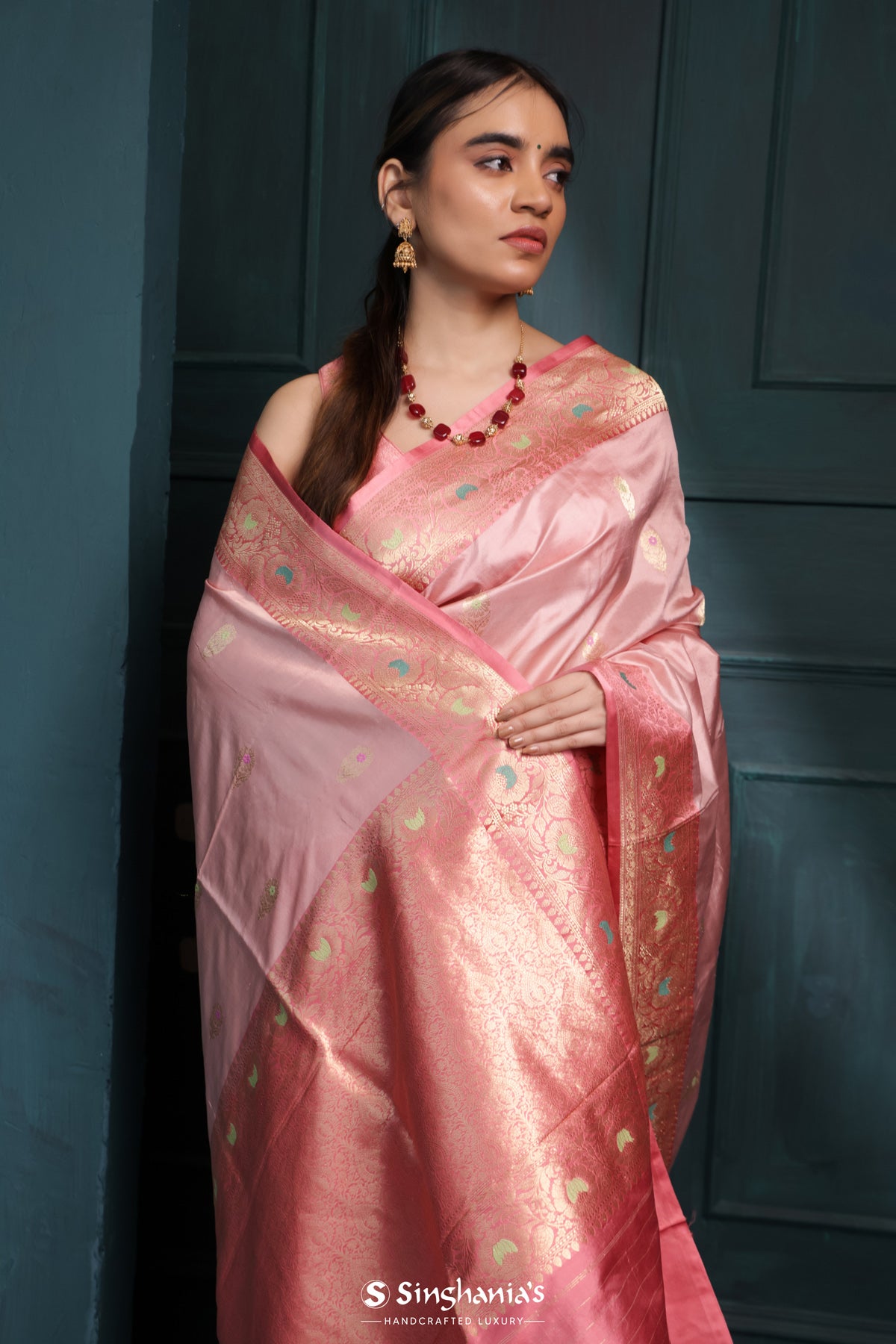 Pastel Pink Banarasi Silk Saree With Floral Buttas Design