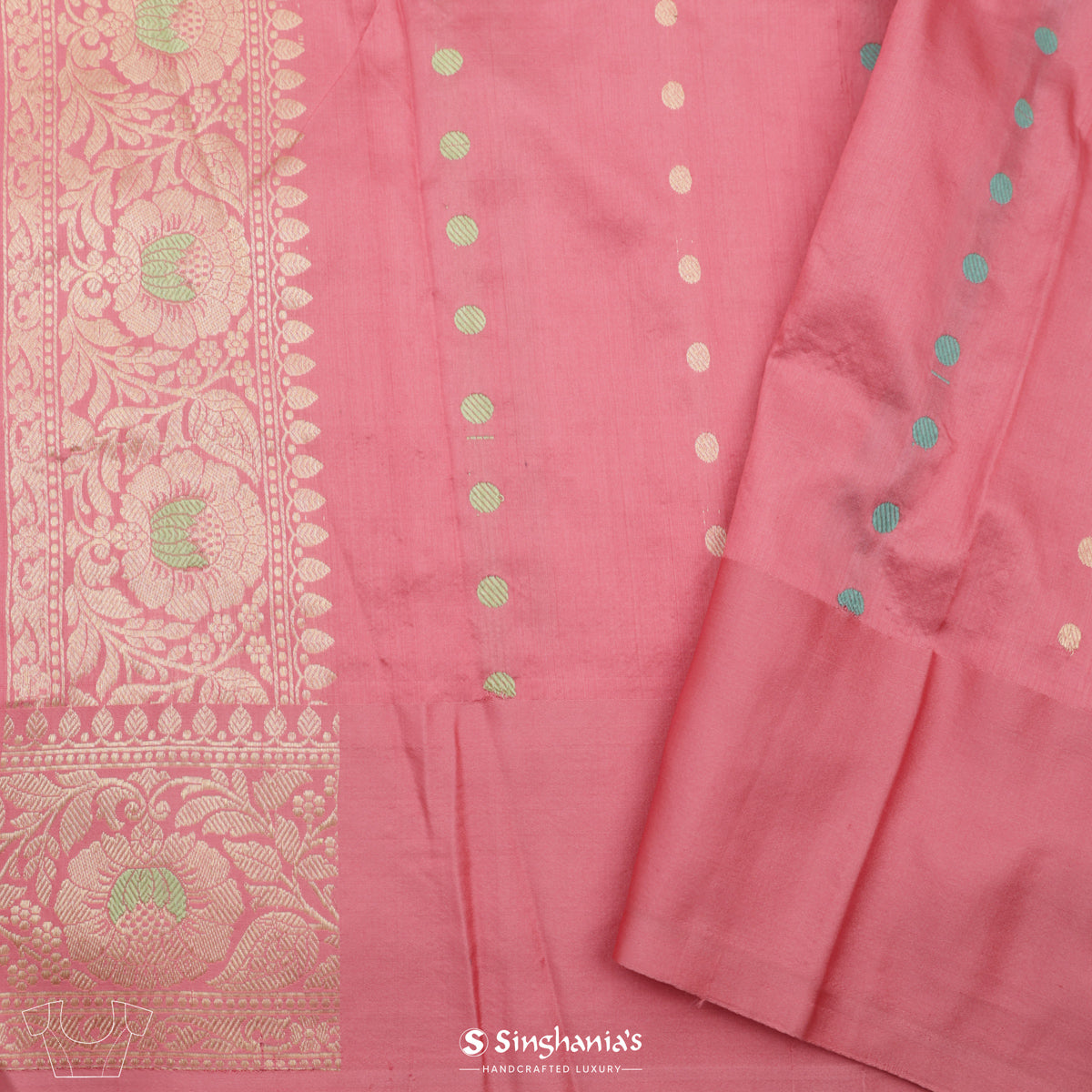 Pastel Pink Banarasi Silk Saree With Floral Buttas Design
