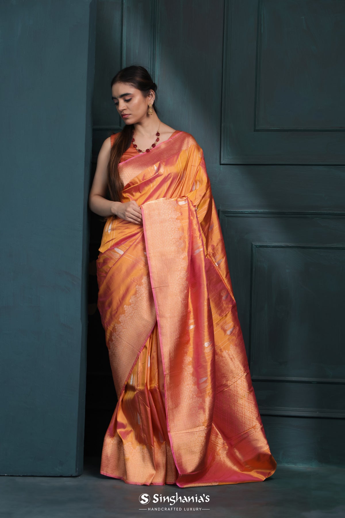 Royal Orange Banarasi Silk Saree With Floral Buttas-Stripes Design