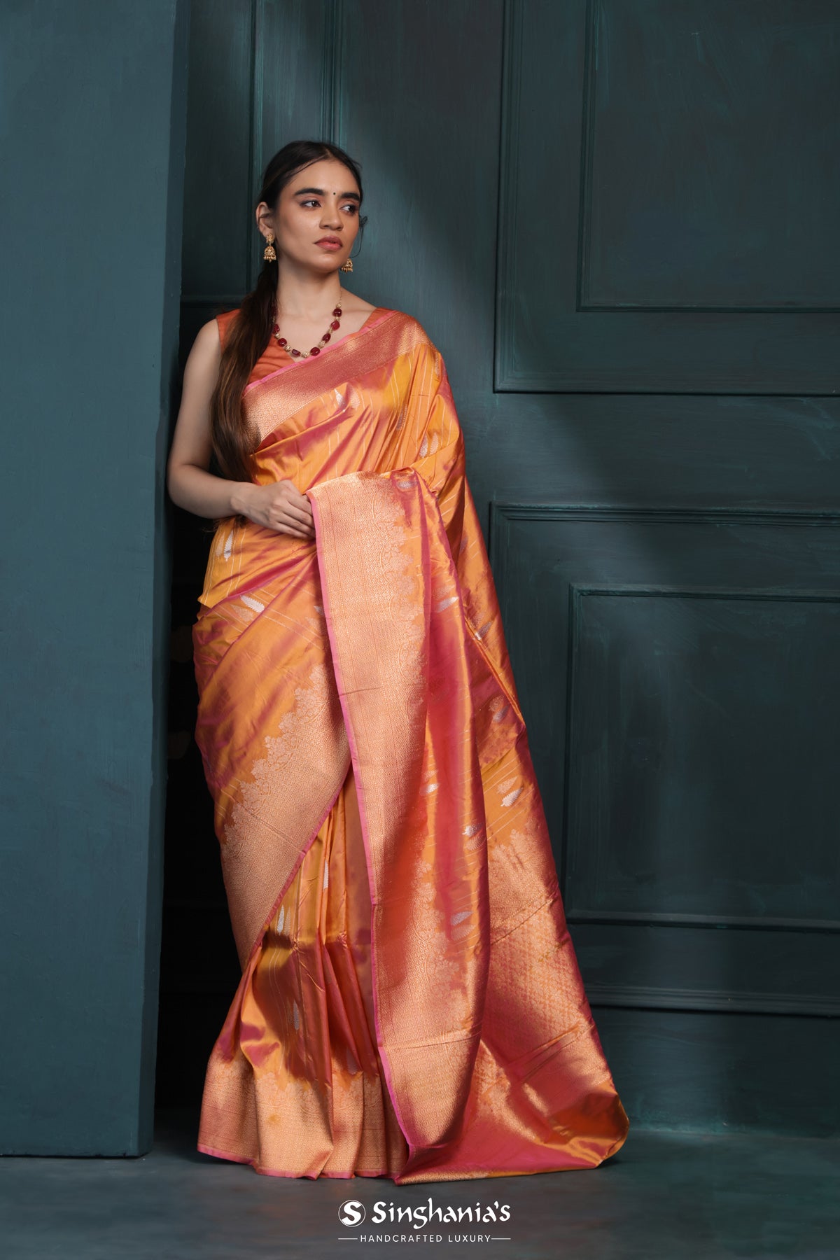 Royal Orange Banarasi Silk Saree With Floral Buttas-Stripes Design