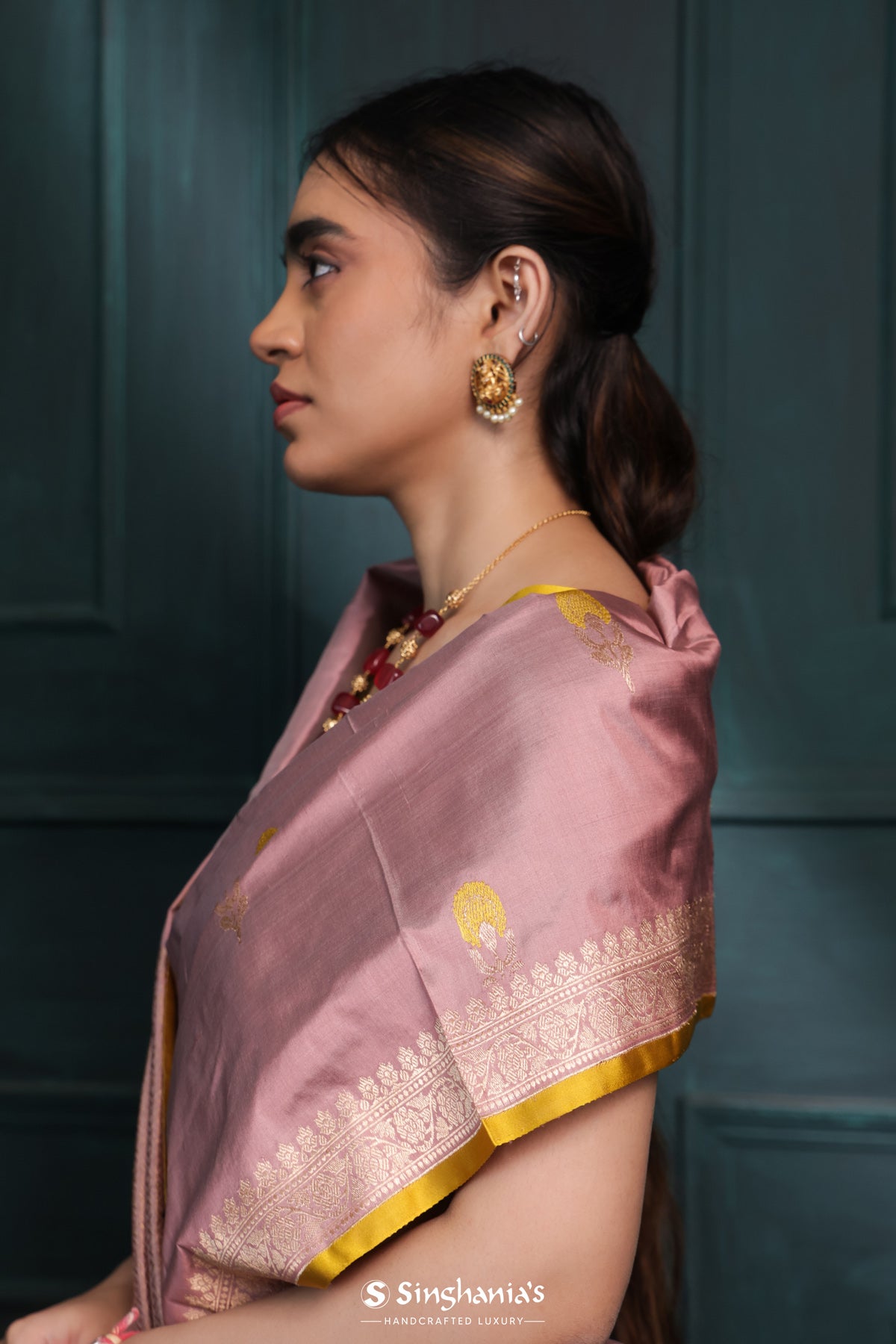 Dusty Pink Banarasi Silk Saree With Floral Buttas Design