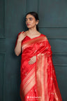 Persian Red Banarasi Silk Saree With Floral Buttas-Stripes Design