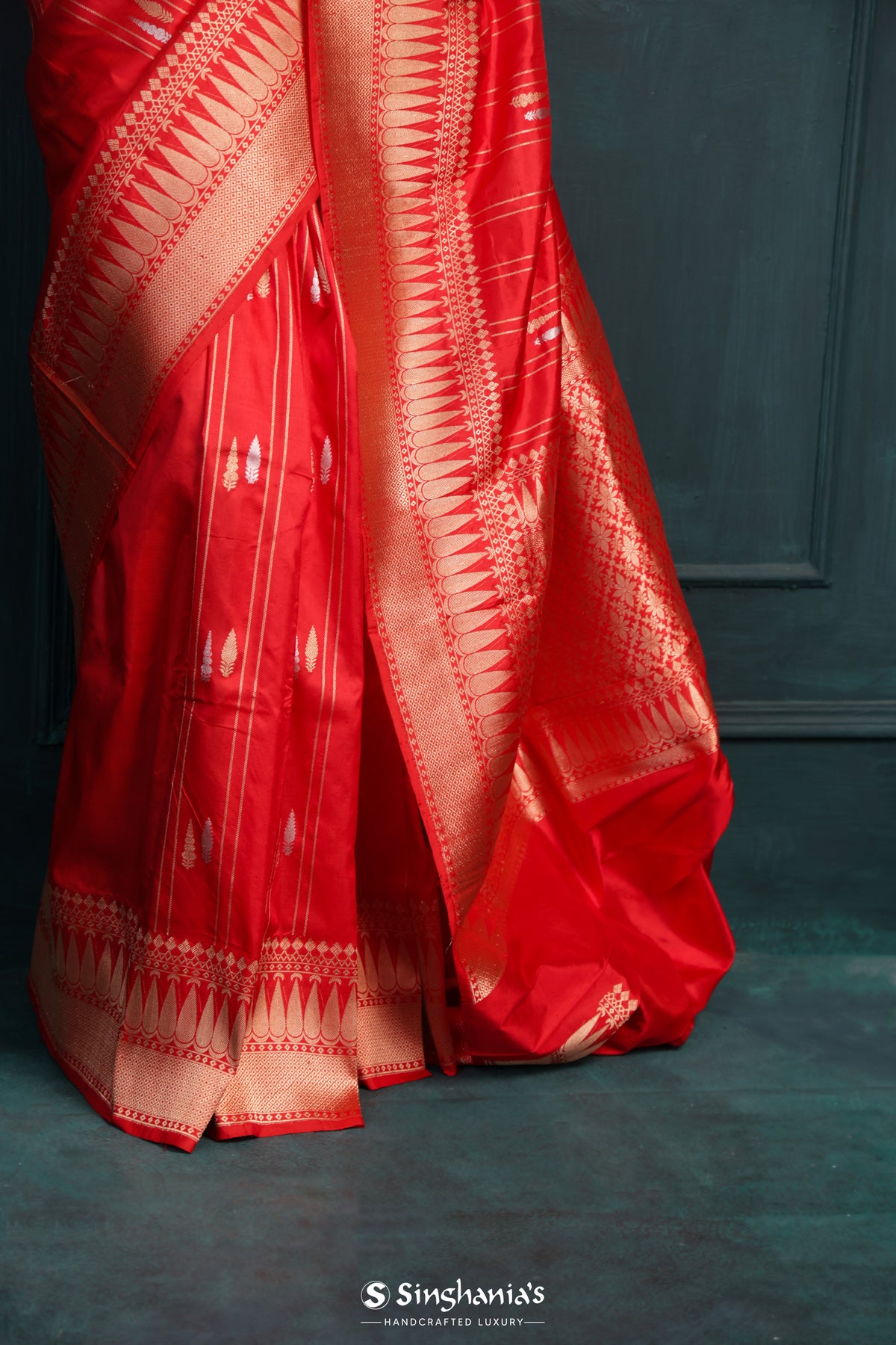 Persian Red Banarasi Silk Saree With Floral Buttas-Stripes Design