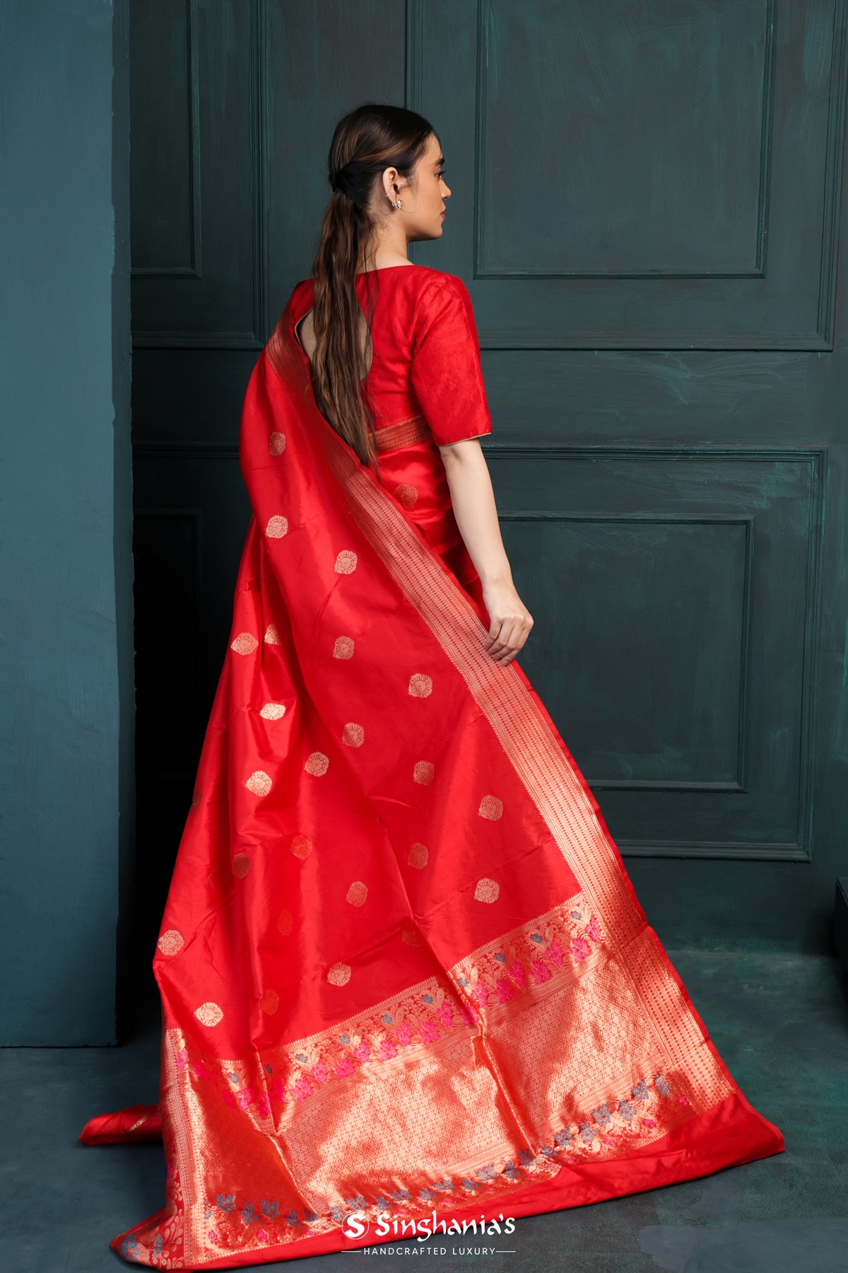 Red Banarasi Silk Saree With Floral Buttas Design