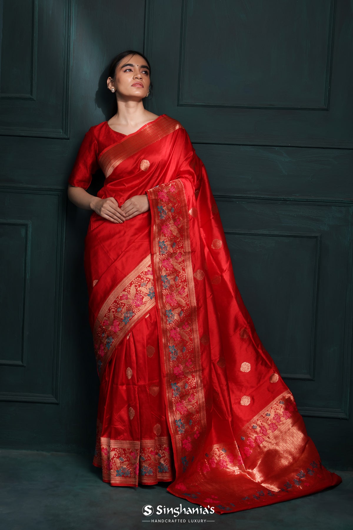 Borderless red dotted buttas silk cotton saree, jaal pallu main image 0