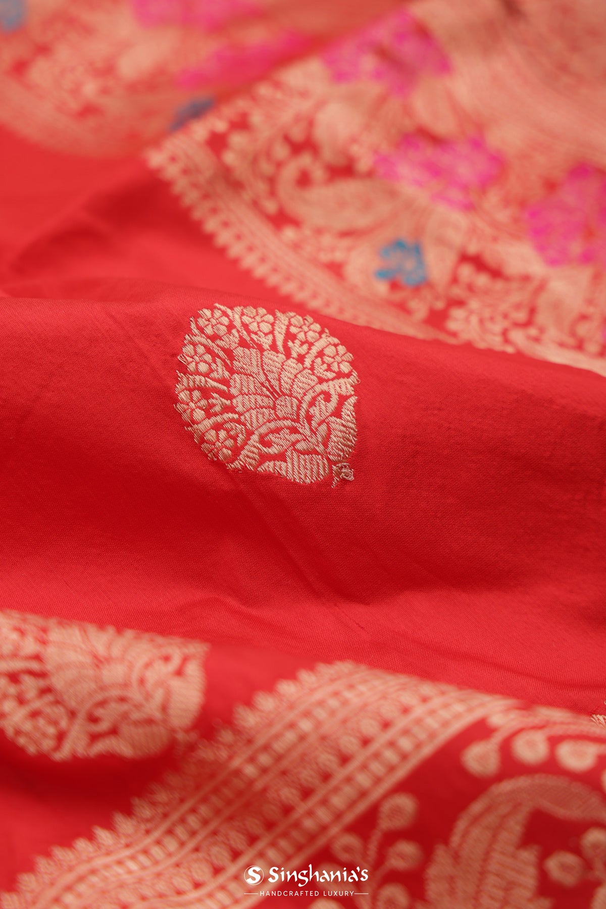 Red Banarasi Silk Saree With Floral Buttas Design