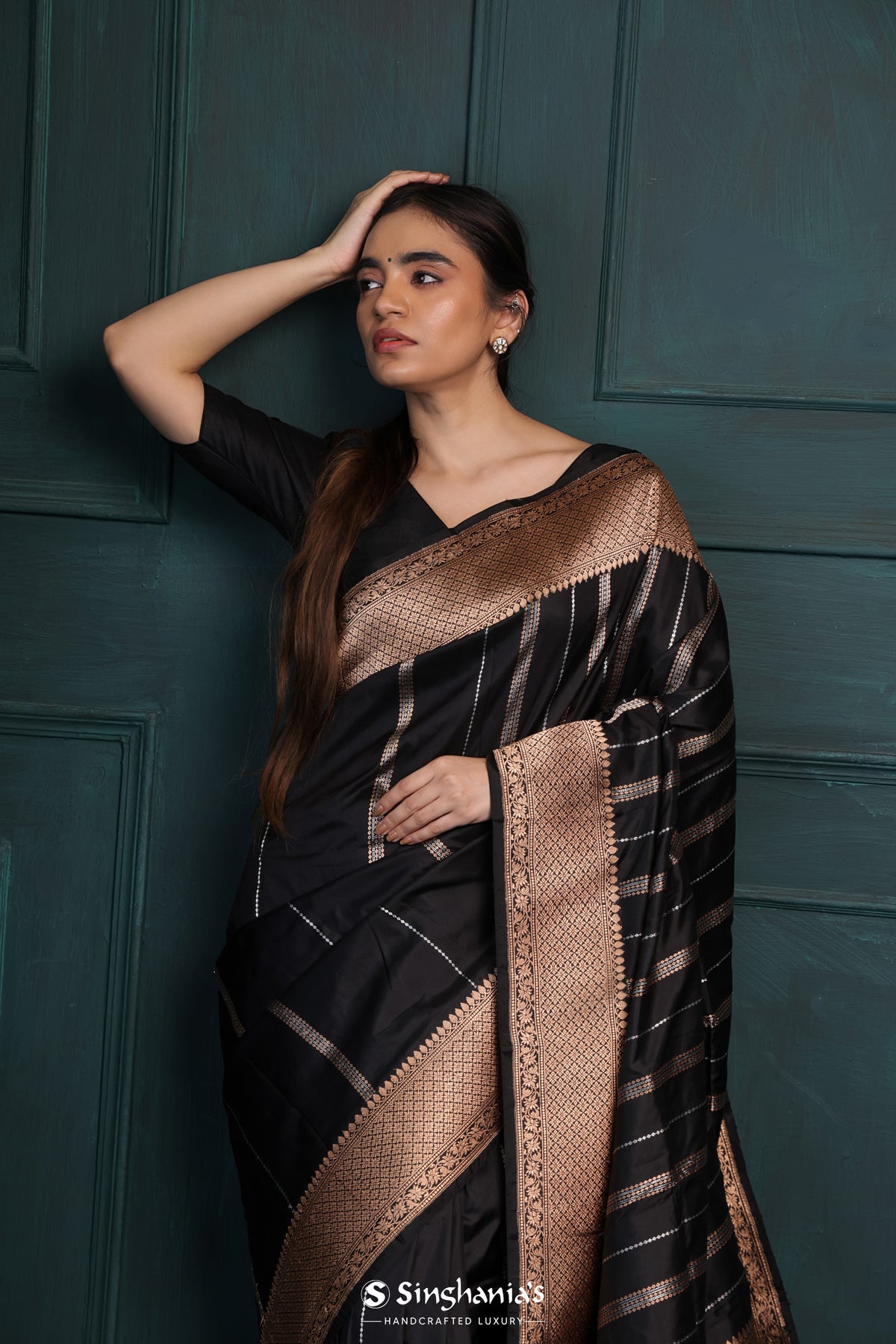 Deep Black Banarasi Silk Saree With Stripes Design