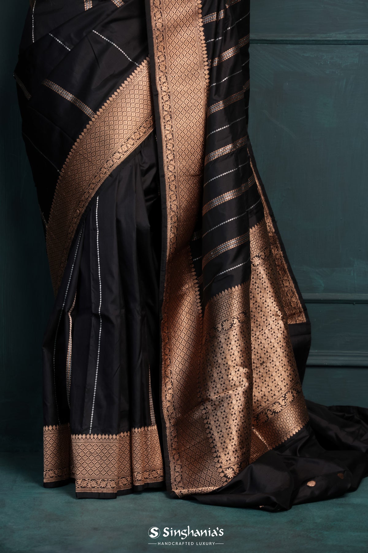 Deep Black Banarasi Silk Saree With Stripes Design