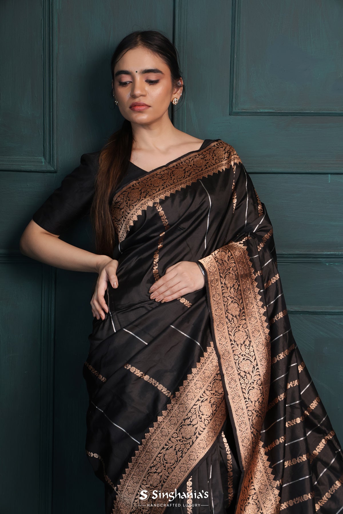 Rich Black Banarasi Silk Saree With Floral Stripes Weaving