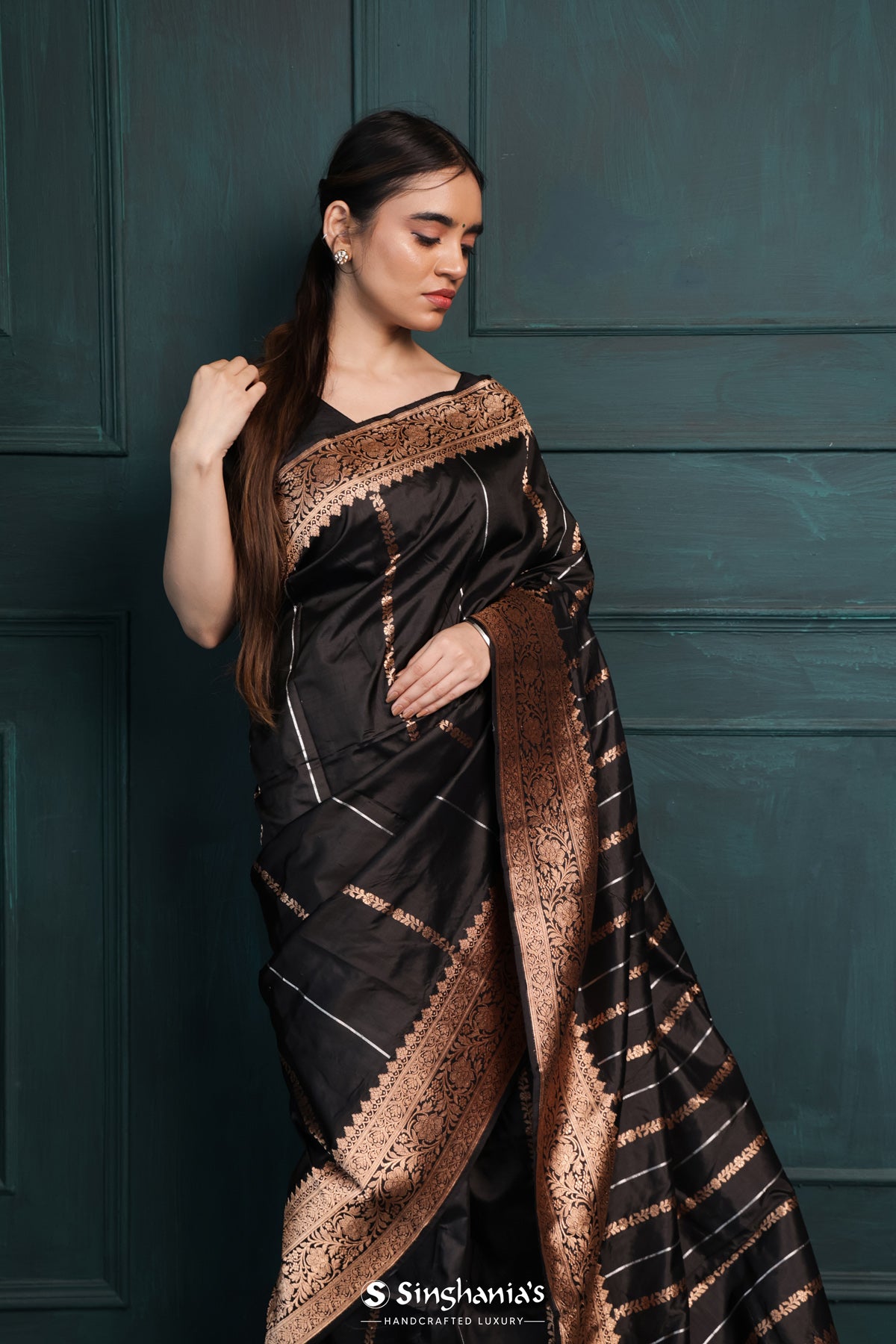 Rich Black Banarasi Silk Saree With Floral Stripes Weaving