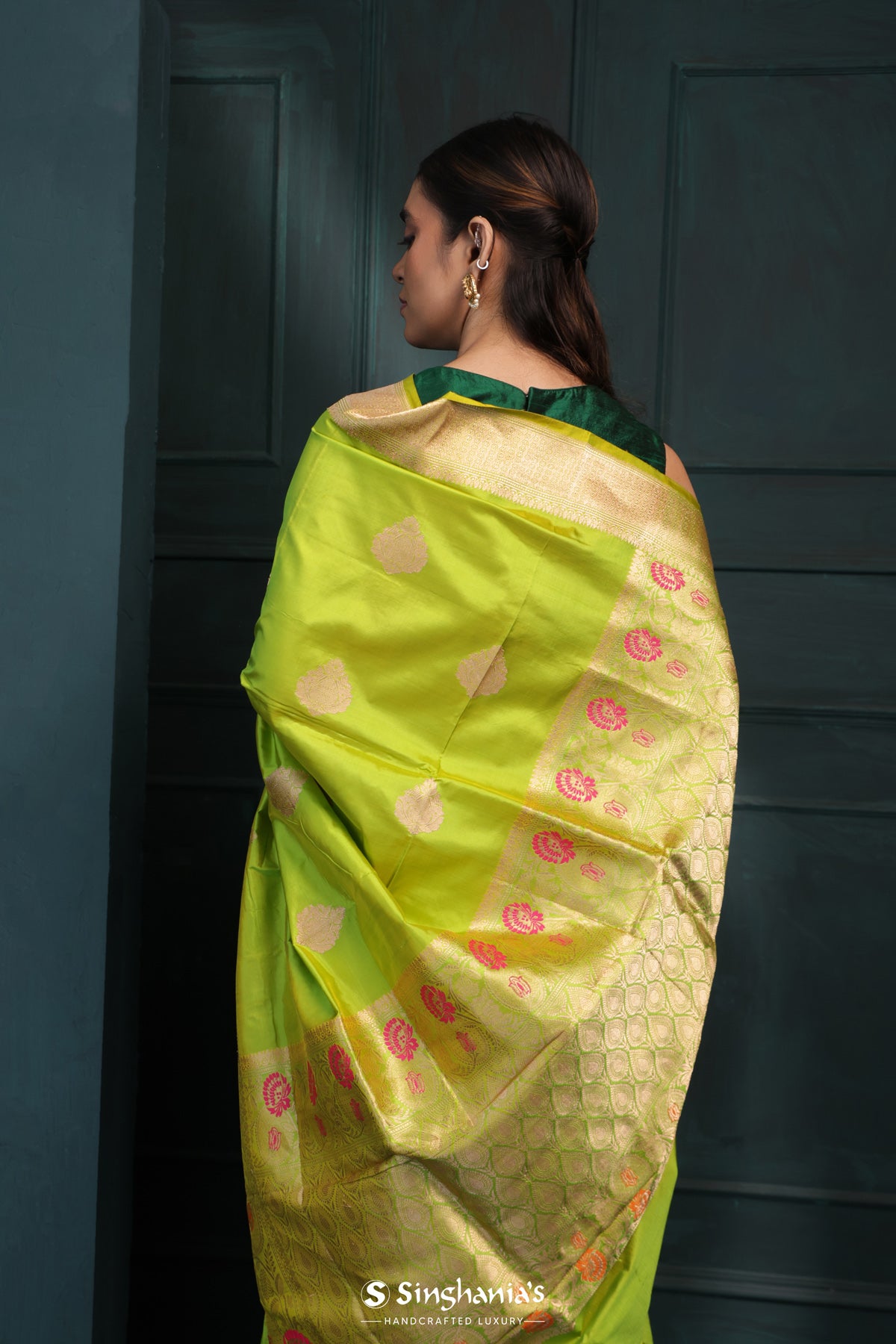 Sheen Green Banarasi Silk Saree With Floral Buttas Design