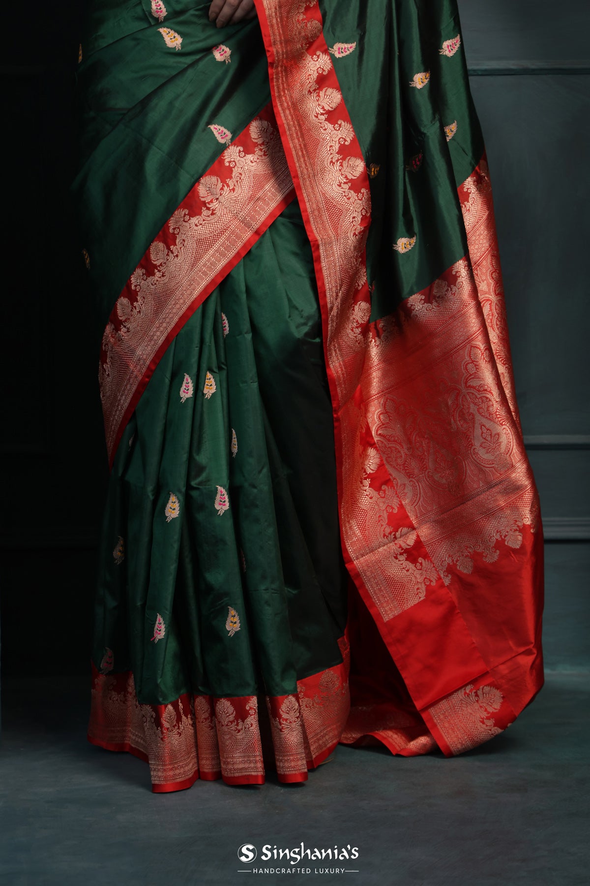 Sacramento Green Banarasi Silk Saree With Floral Buttas Design