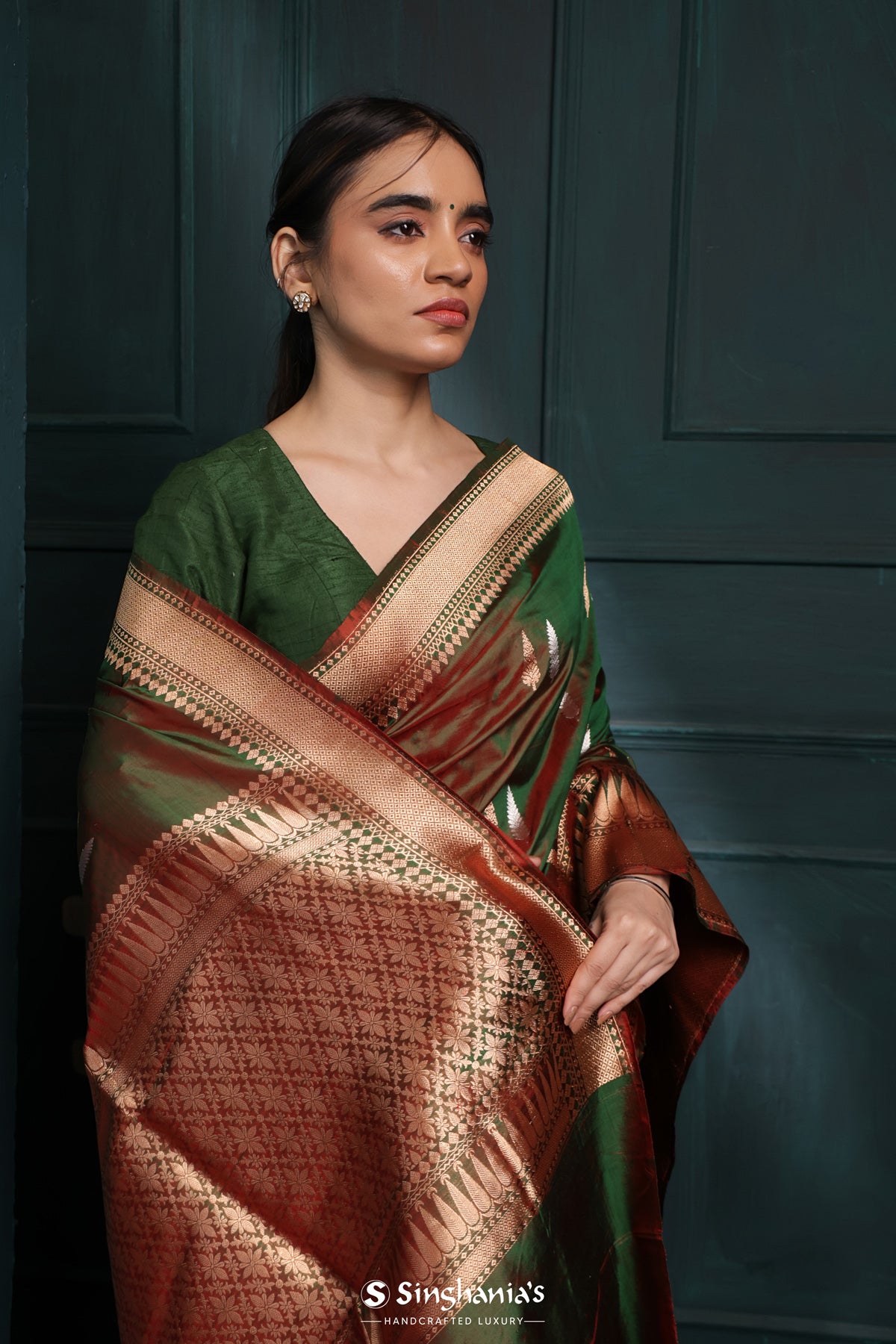 Russian Green Banarasi Silk Saree With Floral Buttas-Stripes Design
