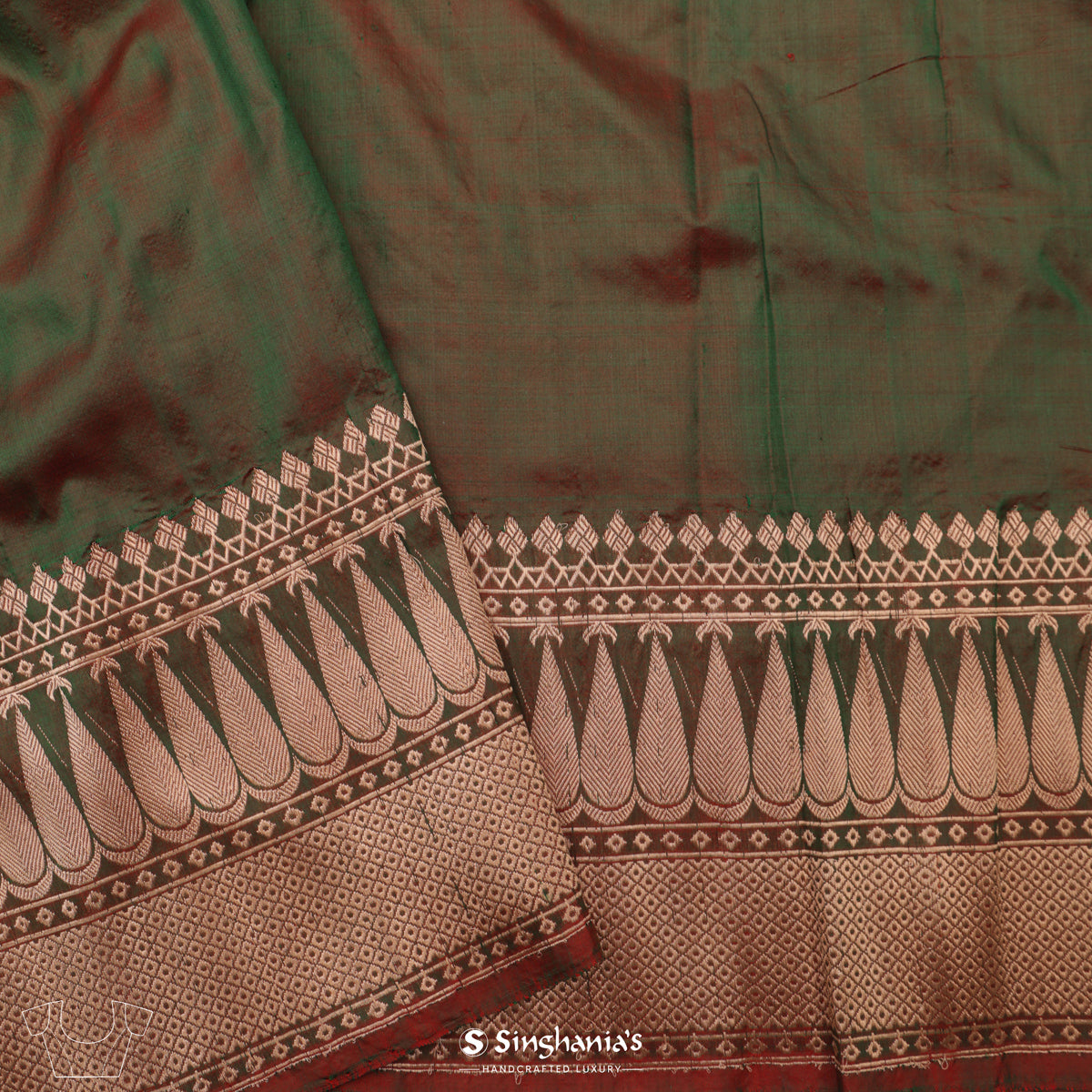 Russian Green Banarasi Silk Saree With Floral Buttas-Stripes Design