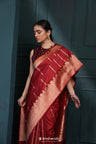 Crimson Red Banarasi Silk Saree With Stripes Design