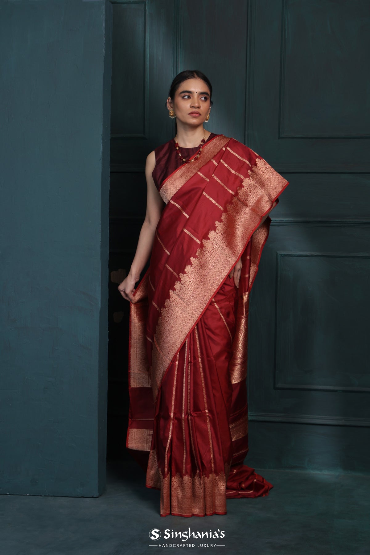 Crimson Red Banarasi Silk Saree With Stripes Design