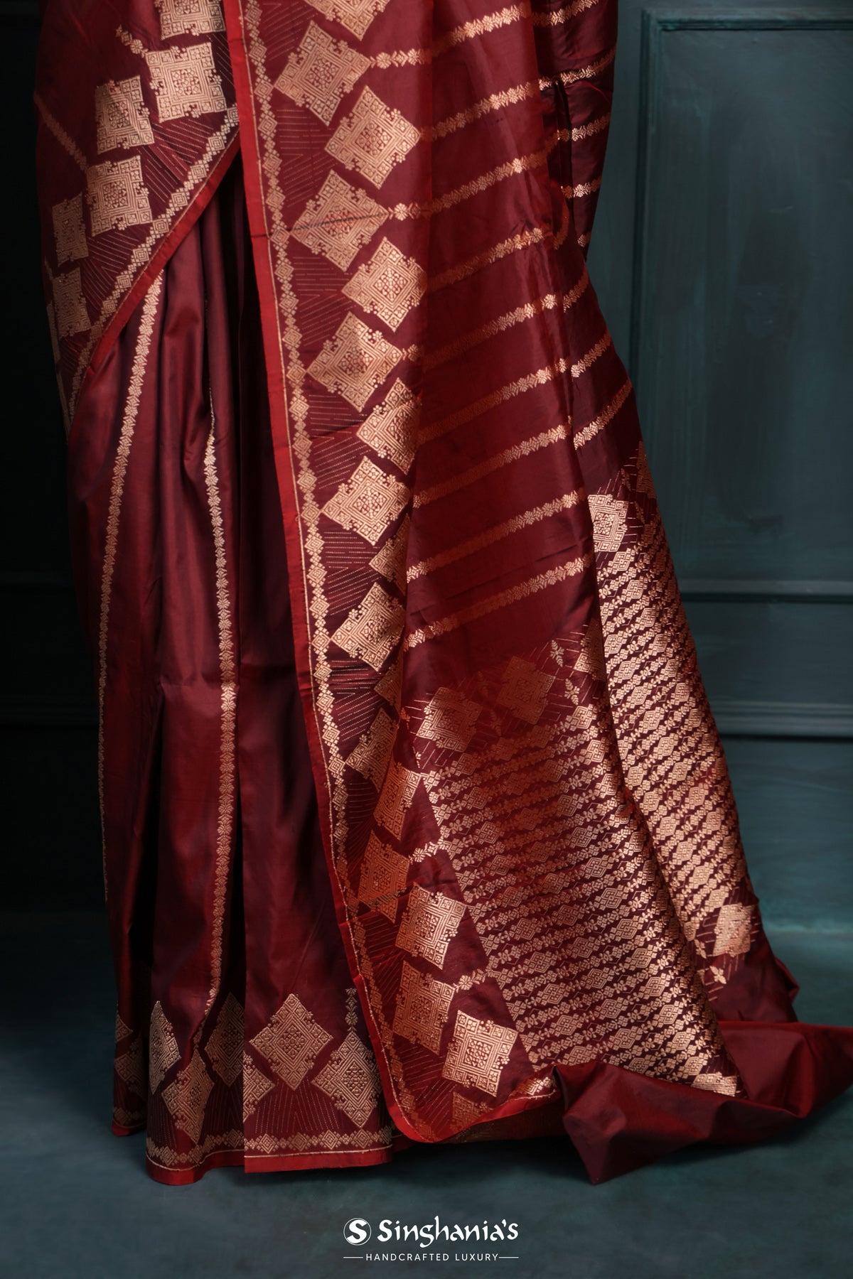 Sangria Red Banarasi Silk Saree With Stripes Design