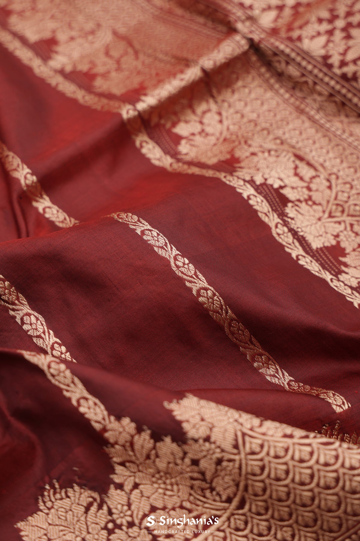 Rust Red Banarasi Silk Saree With Stripes Design
