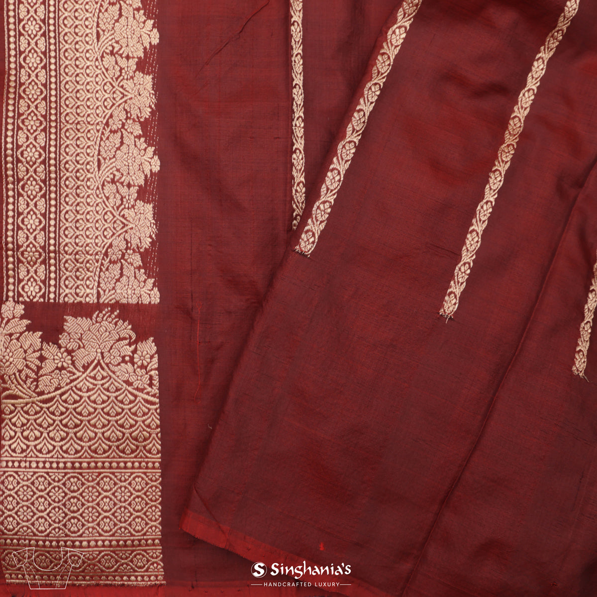 Rust Red Banarasi Silk Saree With Stripes Design