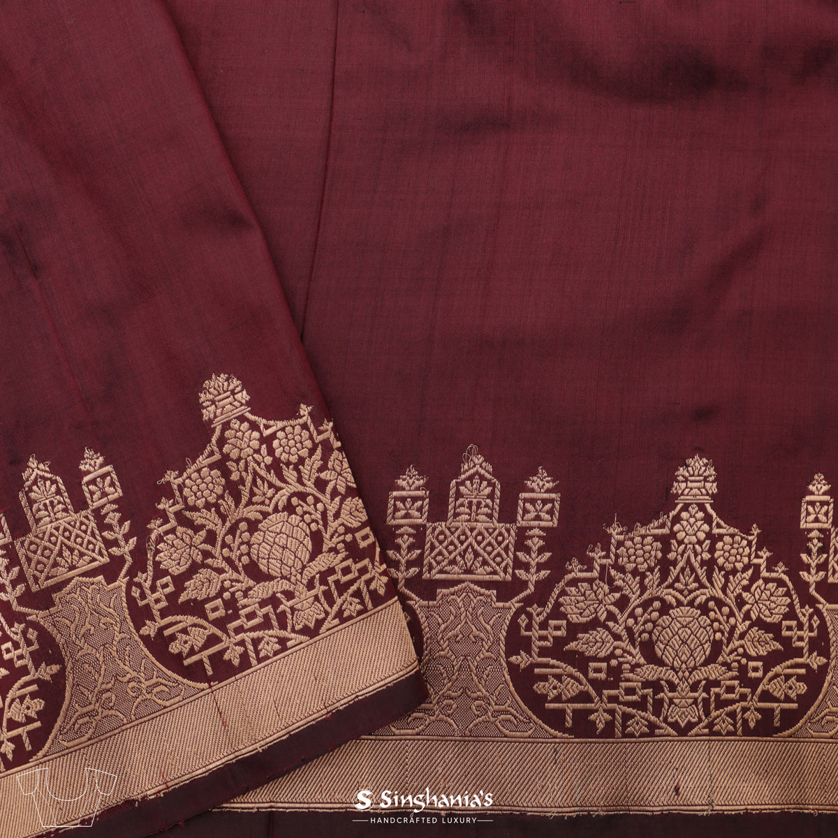 Maroon Red Banarasi Silk Saree With Stripes Design